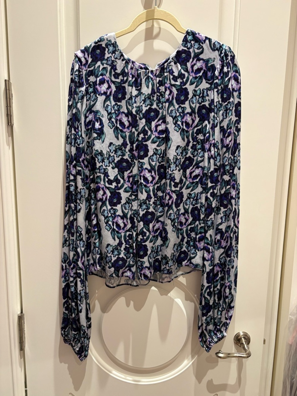 AMUR Floral Print Long-Sleeve Blouse in Purple and Blue